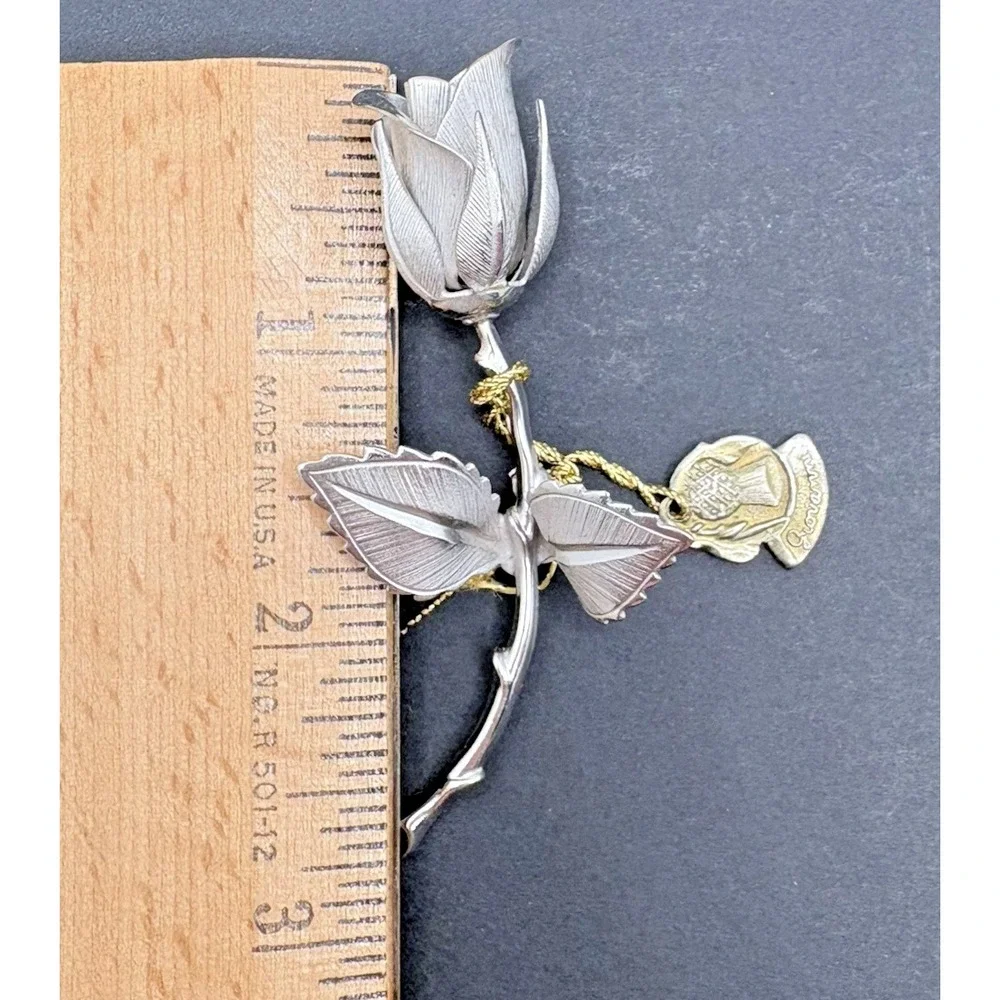 Vintage Giovanni Christmas Rose Brooch Flower 1966 w/ Original Tag Silver Tone